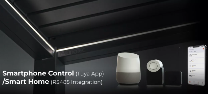 Smart home devices with smartphone control and Tuya App integration on a dark background