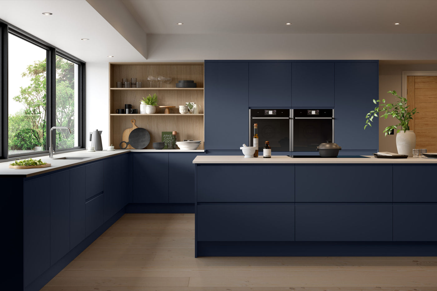 Jayline J-pull handleless kitchen in Supermatt Indigo Blue kitchen doors in a fitted kitchen