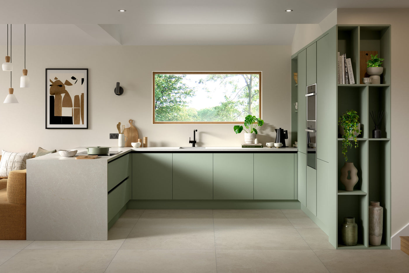 Ora supermatt agave green inrail kitchen kitchen doors in a fitted kitchen