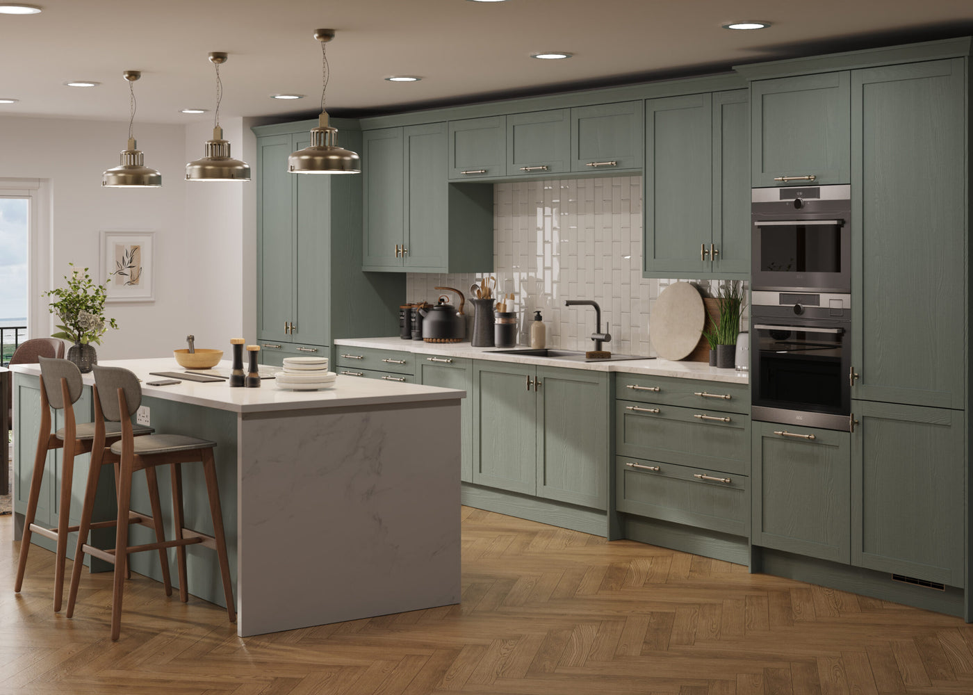 Waterford shaker kitchen in Woodgrain Sage Green kitchen doors in a fitted kitchen