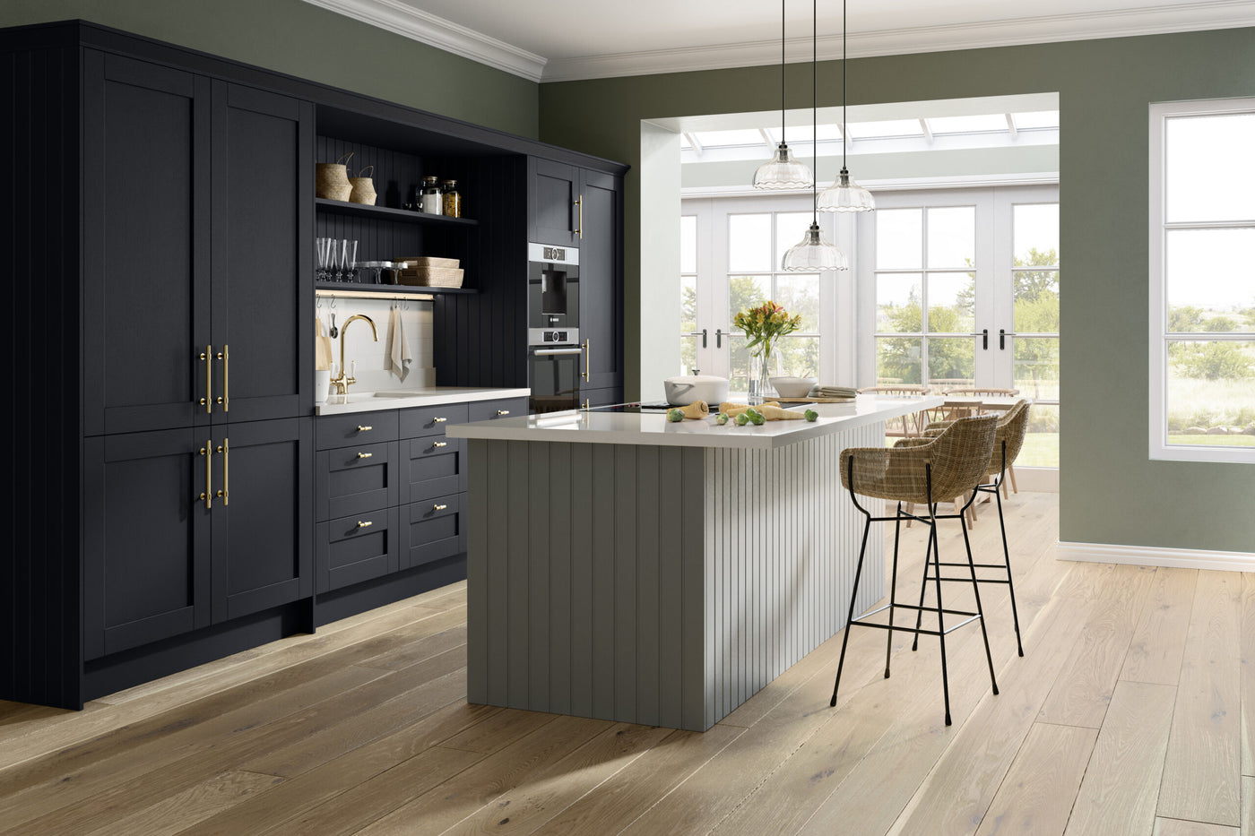 Wilton Oakgrain kitchen in Navy Blue with Dust Grey kitchen doors in a fitted kitchen